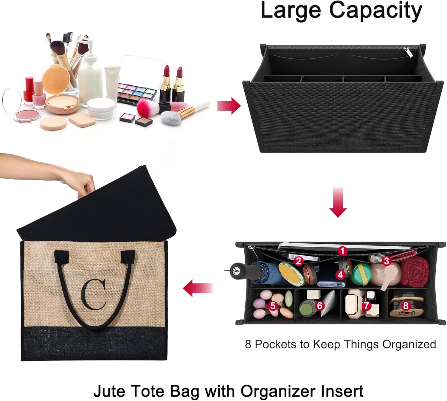 Bolsa de yute con inicial, con inserto organizador de bolsa, bolsa de viaje personalizada, regalos de cumpleaños para mujeres
