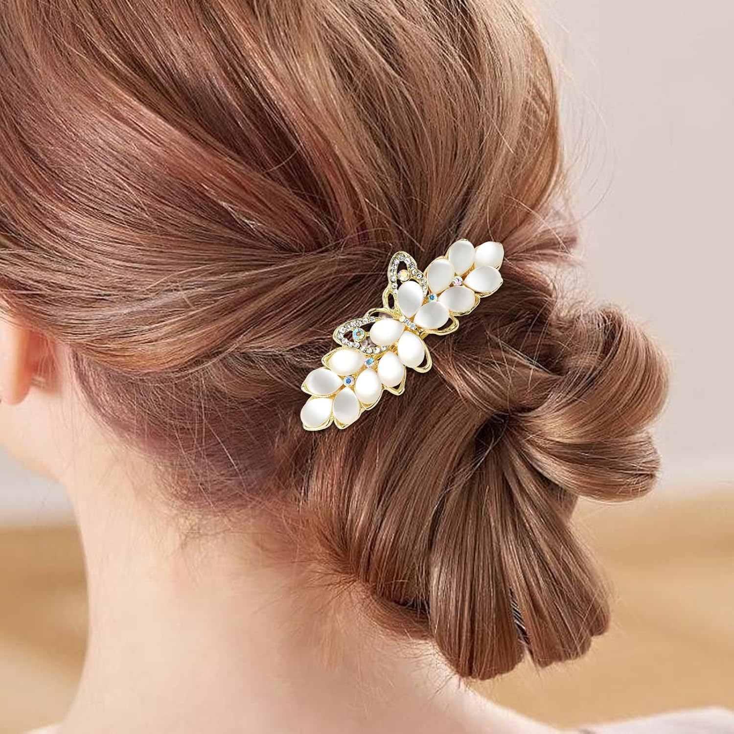 WHAVEL 2 pasadores dorados para el cabello para mujer, pinzas de pelo elegantes con diamantes de imitación, pinzas de flores y mariposas, pinzas