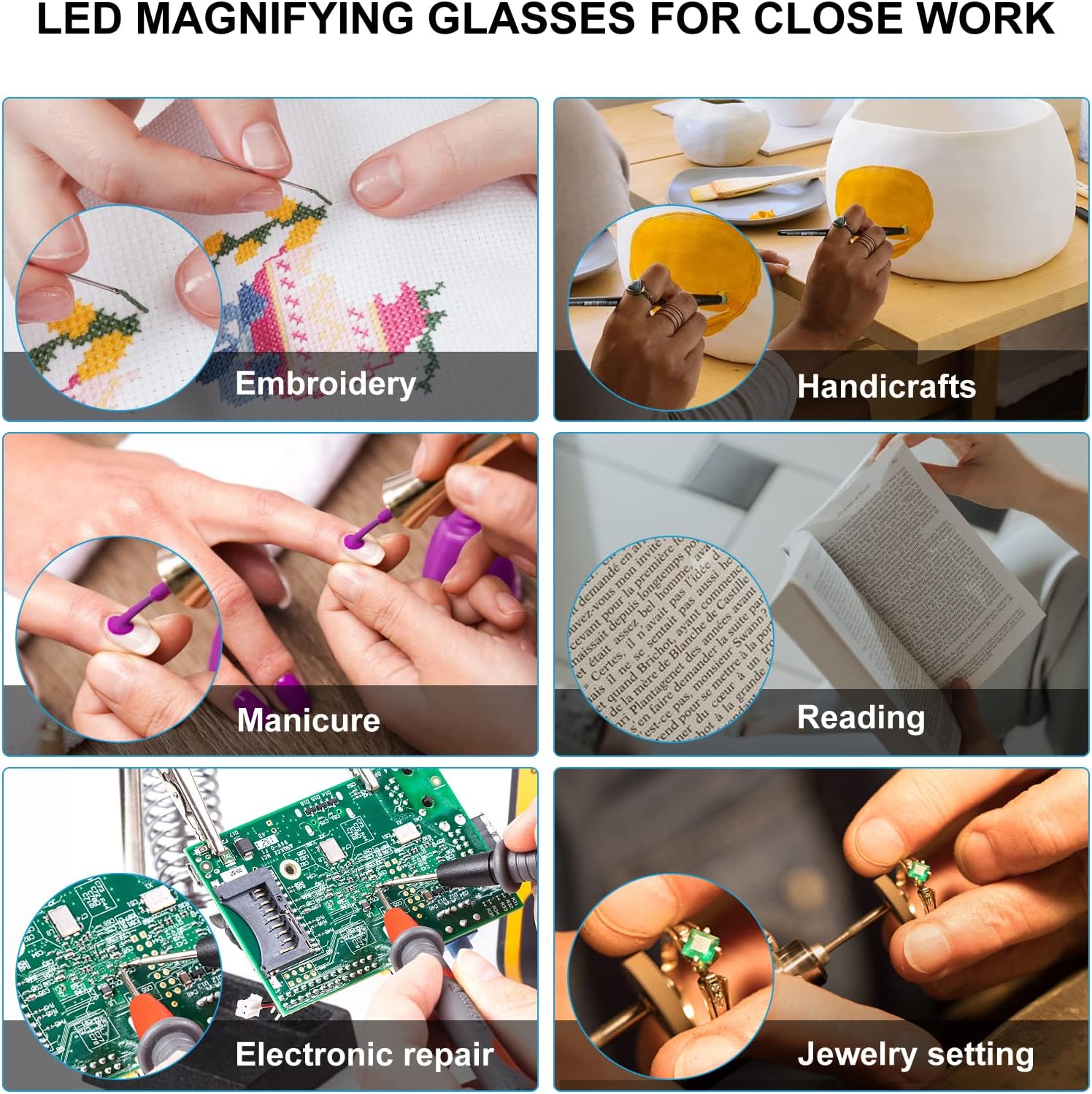 200% lupa con luz, anteojos de aumento recargables con luz LED, luz anti azul, lupa manos libres para trabajo cercano, manualidades, joyeros,