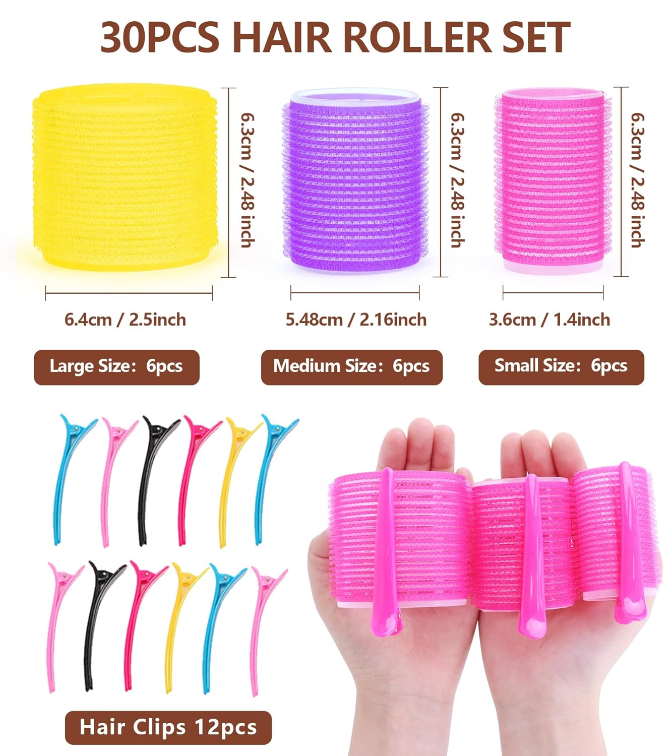 Rodillos para el cabello jumbo, 30 paquetes de rodillos grandes para cabello largo y mediano, 3 tamaños, rodillos de cabello con autoagarre para
