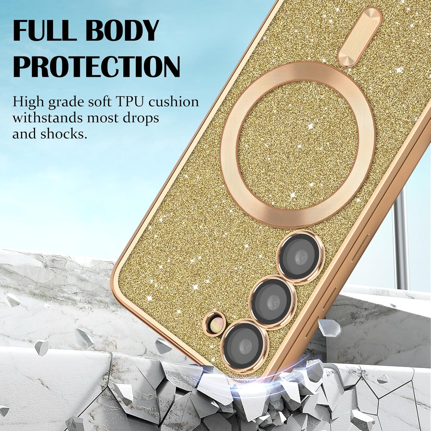 Newseego Funda magnética para Samsung Galaxy S23, funda con purpurina brillante, TPU suave, protección completa de la lente de la cámara, funda