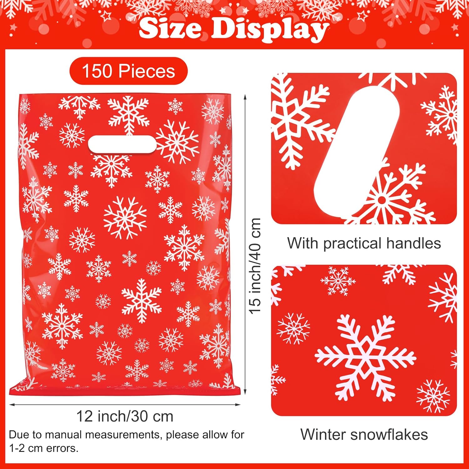MIMIND 150 bolsas de plástico para mercancías de invierno de copos de nieve de 12 x 15 pulgadas, bolsas de regalo reutilizables con asas, bolsas de