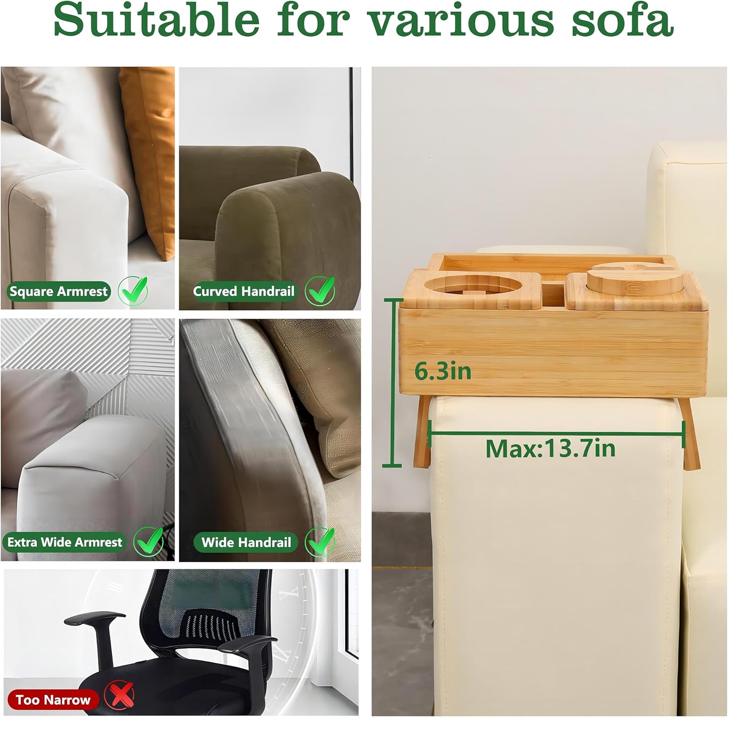 Mesa de brazo para sofá, bandejas de TV plegables multifunción con soporte giratorio de 360 para teléfono y almohadilla, bandeja de mesa de sofá