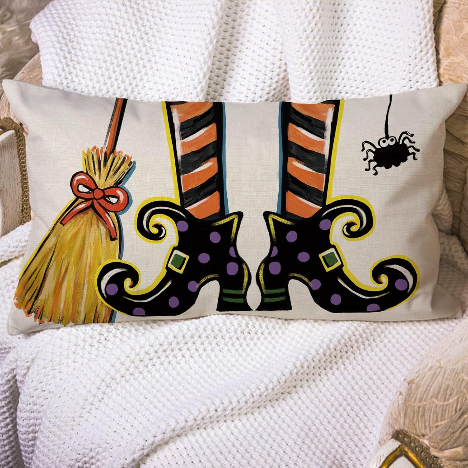 Funda de almohada decorativa lumbar con zapatos de bruja de Halloween de 12 x 20 pulgadas, escoba rectangular araña para decoración del hogar al