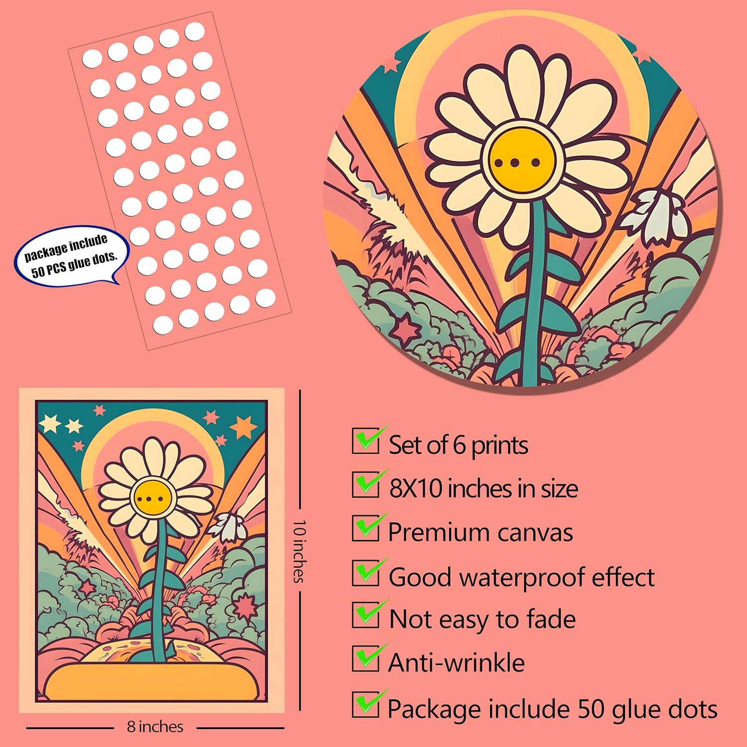 Juego de 6 impresiones de arte hippie para pared, diseño retro, lienzo de flores hippie de los años 60 y 70, pósteres vintage, abstracto,