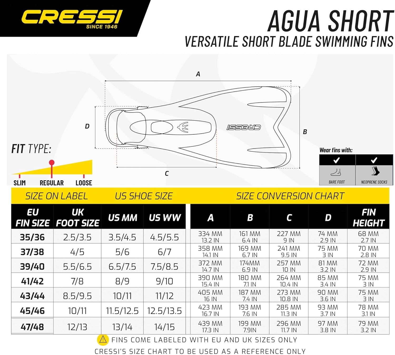 Cressi Aletas de natación cortas y ligeras para adultos con bolsillo completo autoajustable para el pie – Perfecto para viajar – Agua Short Hecho en