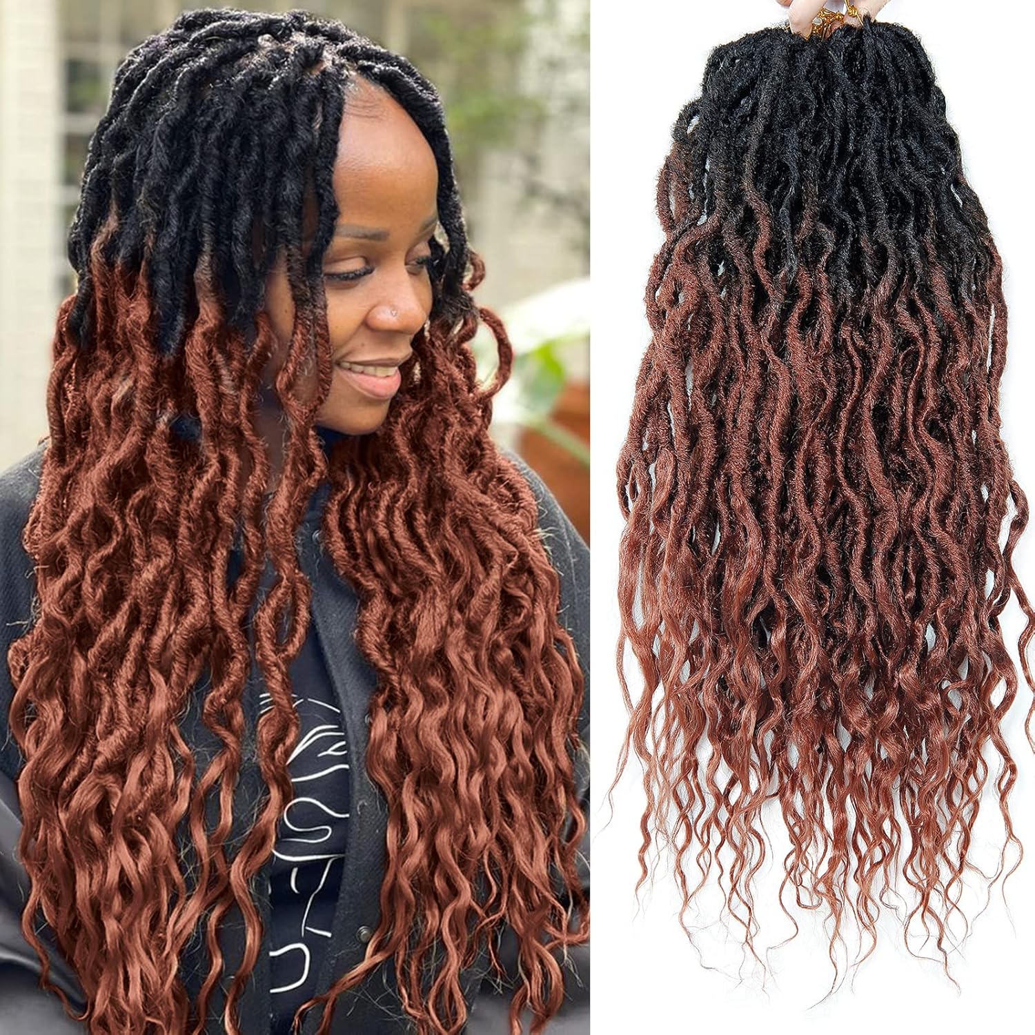 Rastas sintéticas de ganchillo de 24 pulgadas, trenzas de ganchillo onduladas, con extremos rizados, extensiones de cabello sintético trenzado (24
