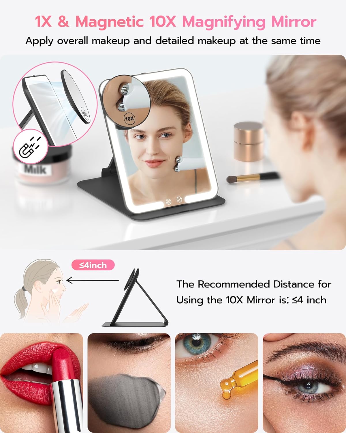 Espejo de maquillaje de viaje recargable con espejo de aumento de 10X, espejo de tocador LED con soporte ajustable portátil, luces regulables de 3