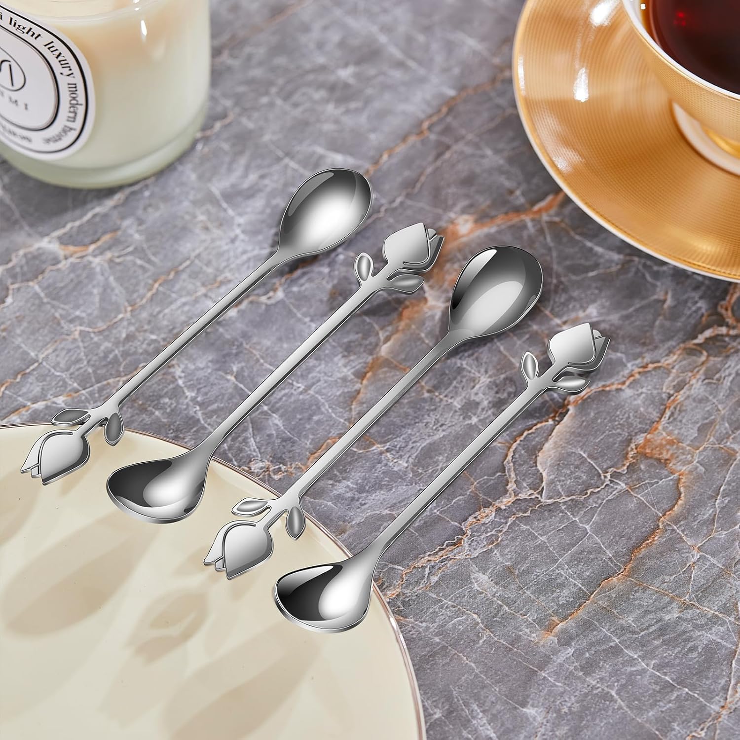 Juego de cucharas de café pequeñas plateadas con mango de tulipánrosa de 6 pulgadas, 12 piezas, acero inoxidable