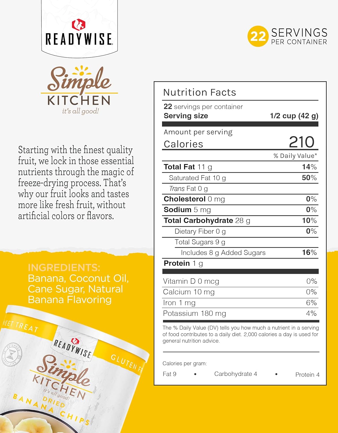READYWISE – Chips de plátano secos Simple Kitchen, 22 porciones, vegano, sin gluten, aperitivos de frutas, papas fritas, alimentos enlatados,