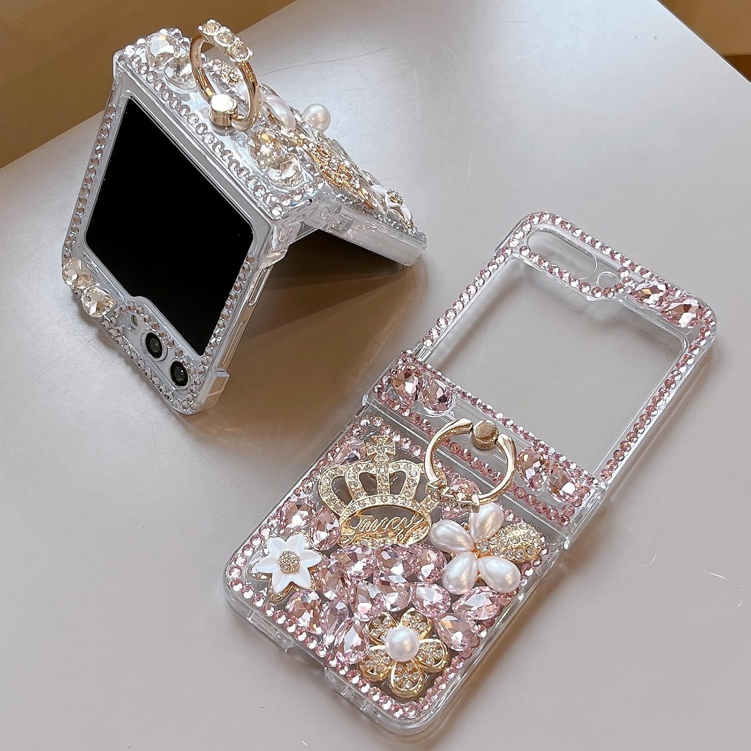 Changjia Funda para Samsung Galaxy Z Flip 5 con purpurina y soporte para anillo de protección de bisagra, bonita y lujosa corona 3D de diamantes de