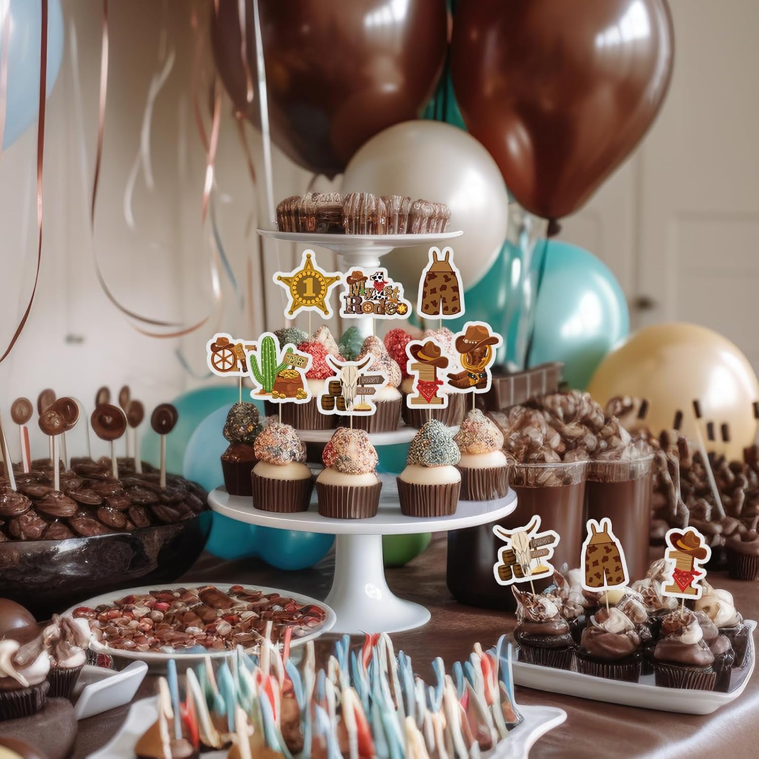 Suzile 48 piezas My 1st Rodeo Cake Topper Cowboy Cupcake Toppers Hat Boot Cow Skull Cactus Enterizo Bufanda Cowgirl Cake Decor para cumpleaños