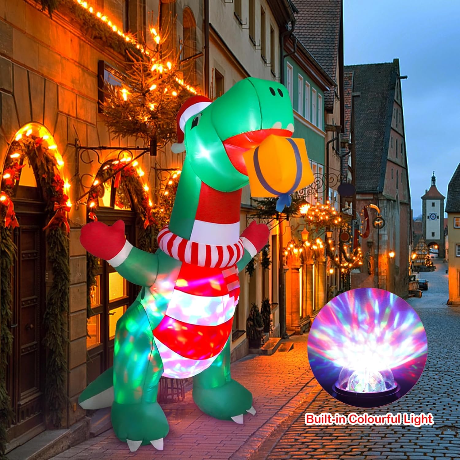 Inflables de Navidad de 8 pies para decoración al aire libre, dinosaurio inflable de Navidad, decoración de patio con sombrero de Navidad y caja de