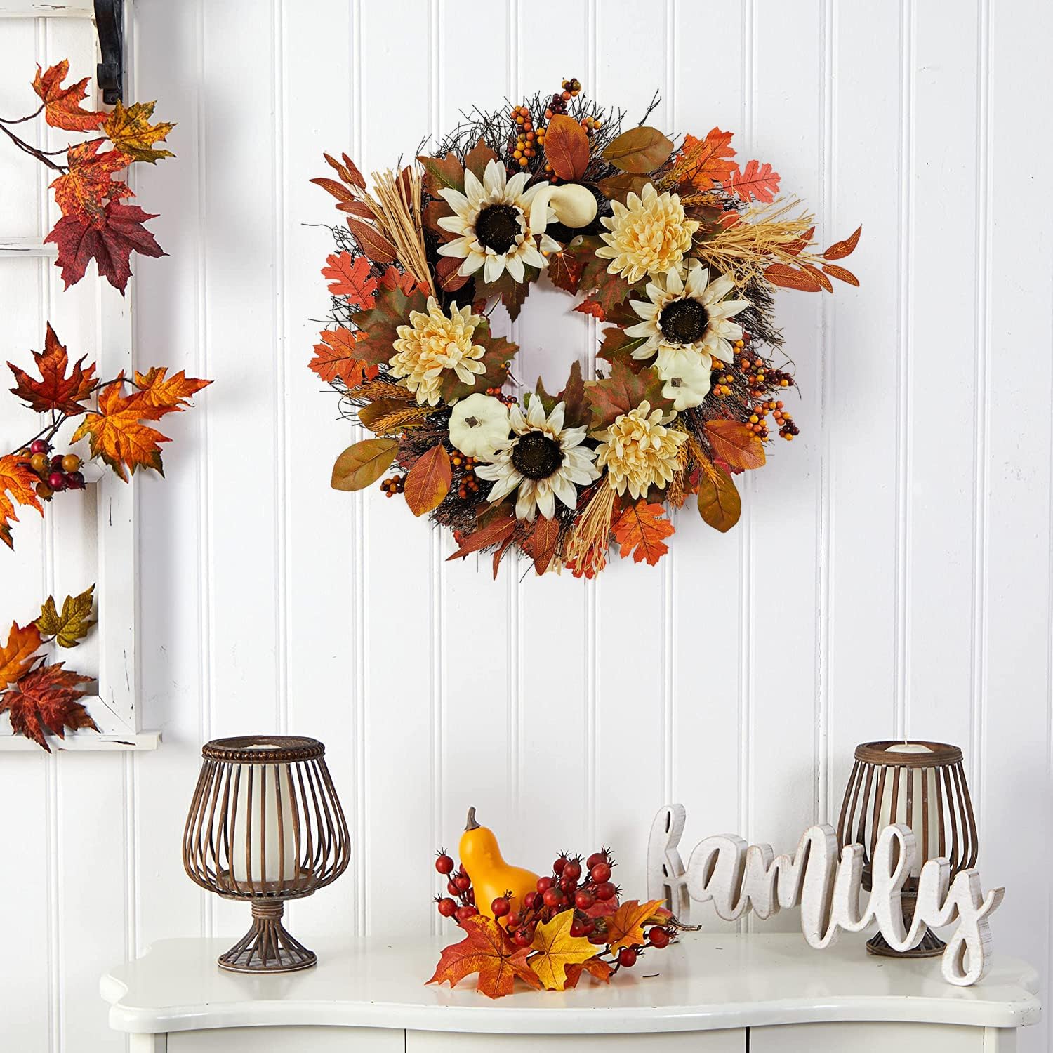 Coronas de otoño, hojas de arce, calabaza, girasol, corona de girasol, cosecha de Acción de Gracias, Halloween, hogar, exterior, ventana, decoración