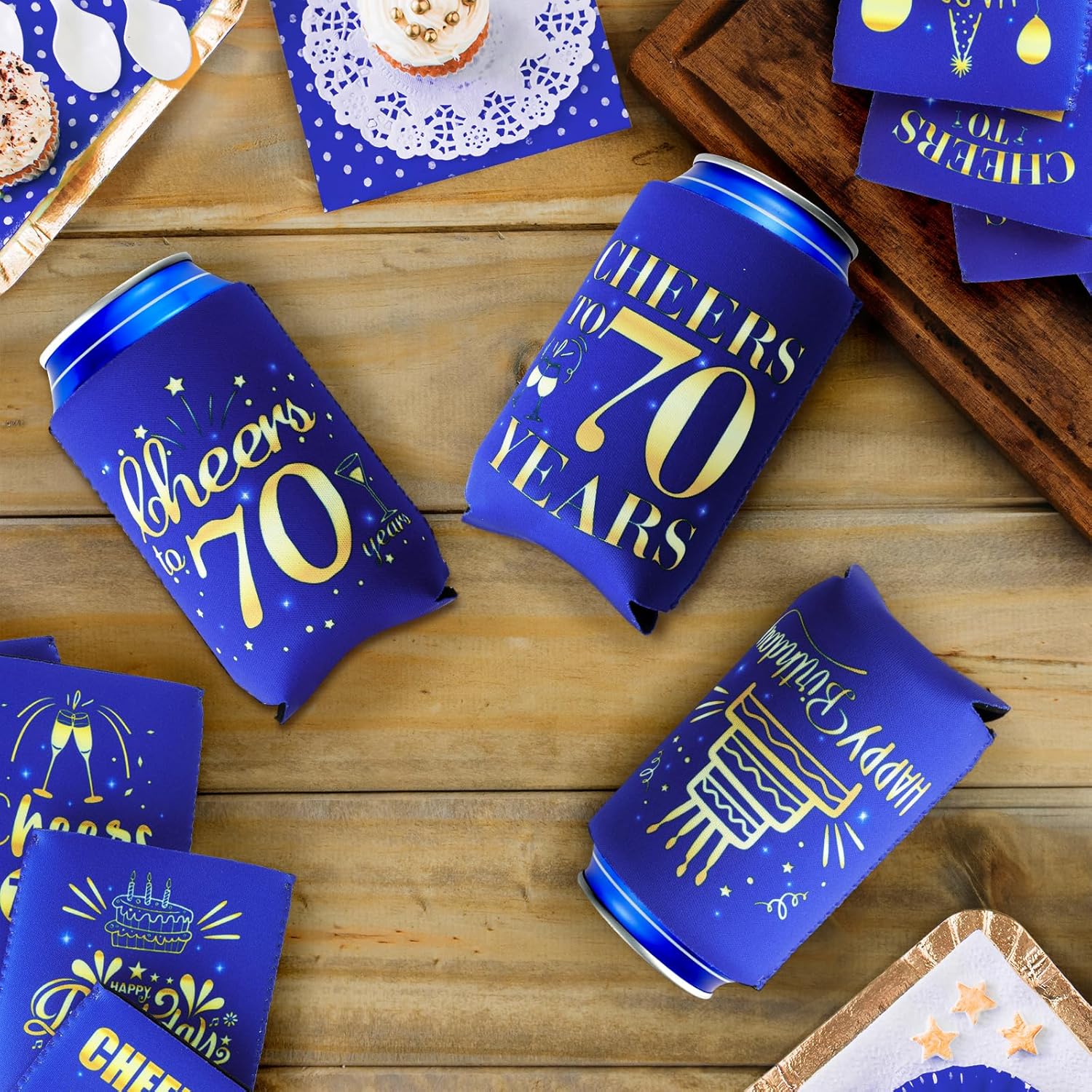 24 fundas enfriadoras para latas de cumpleaños 70, decoración de cumpleaños de 70 años azul y dorado para hombres y mujeres, para fiestas de