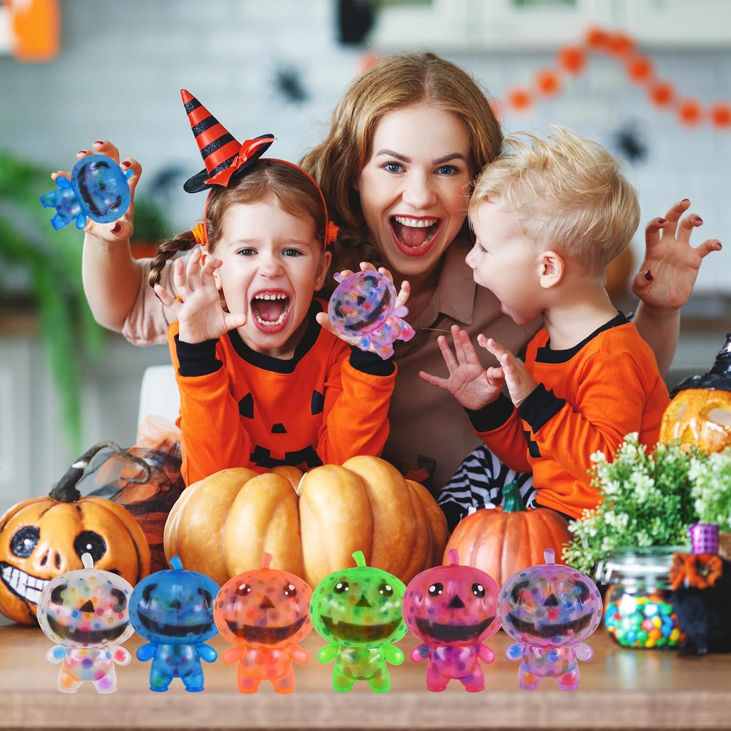 Paquete de 6 bolas antiestrés de calabaza de Halloween, juguetes de bolas estrujables para Halloween, bolsas de golosinas de Halloween, regalos de