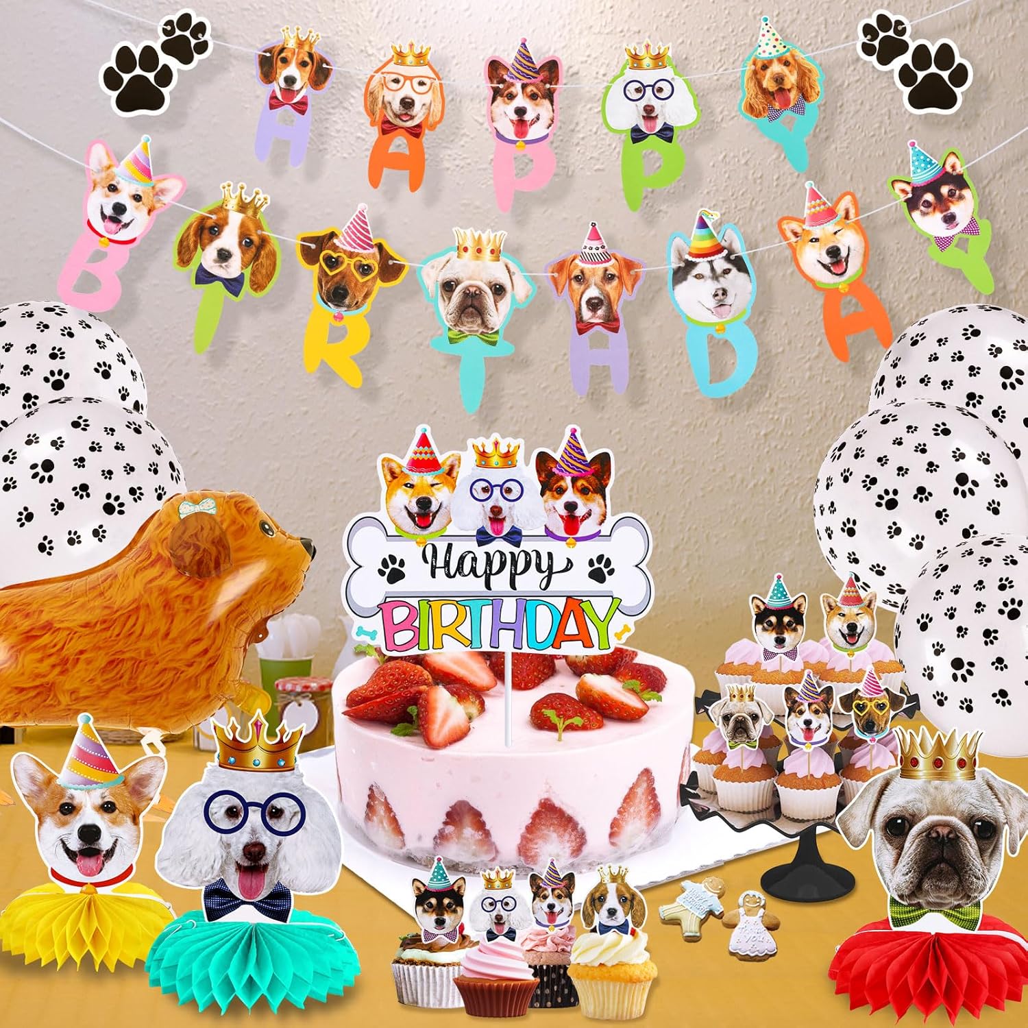 39 piezas de decoraciones de cumpleaños para perros, suministros de fiesta de cumpleaños para cachorros, 2 carteles de feliz cumpleaños, 3 panales