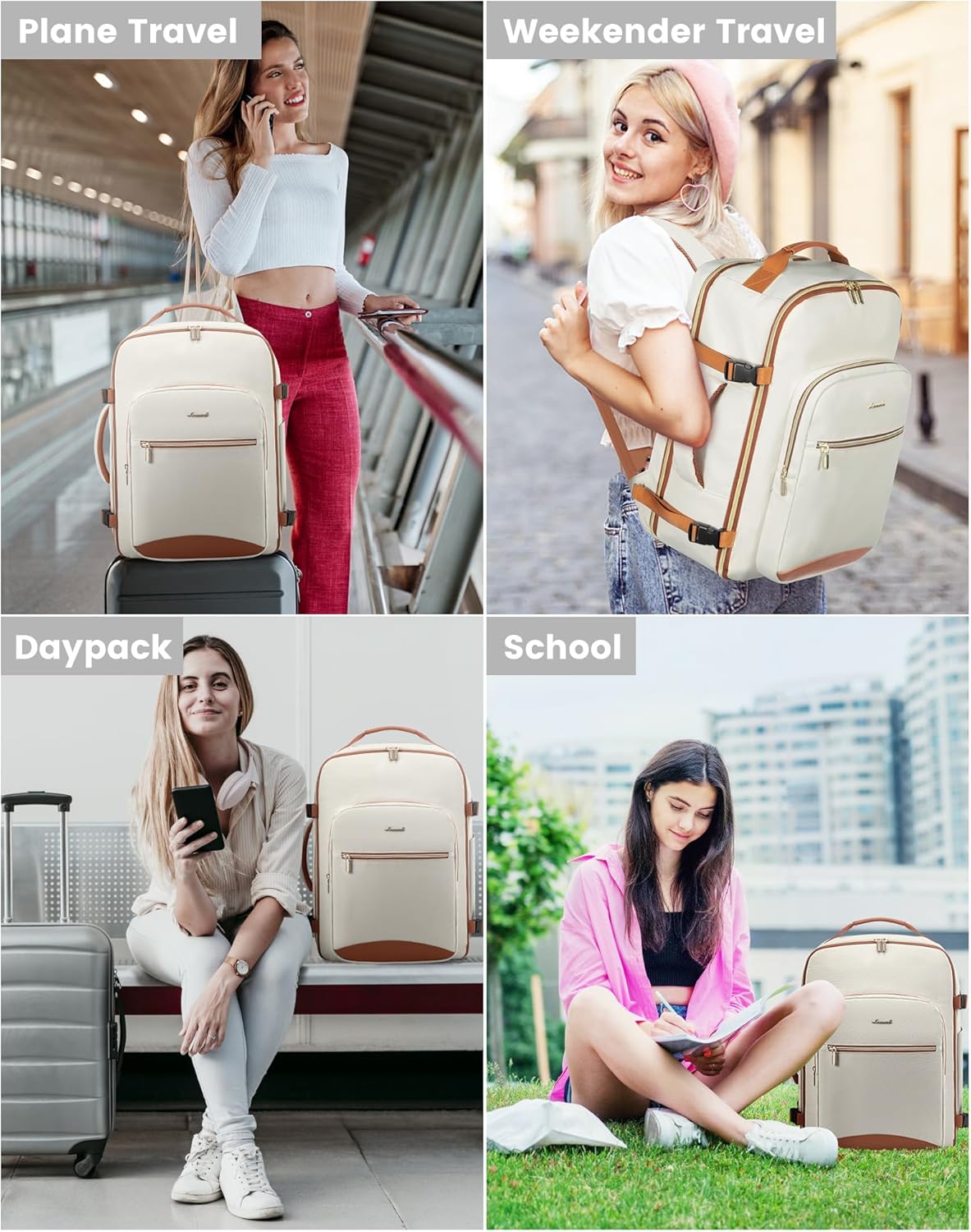 LOVEVOOK Mochila de viaje para mujeres y hombres como artículo personal aprobado por vuelo, equipaje de 40 L, Beige, Mochila de viaje, mochila de