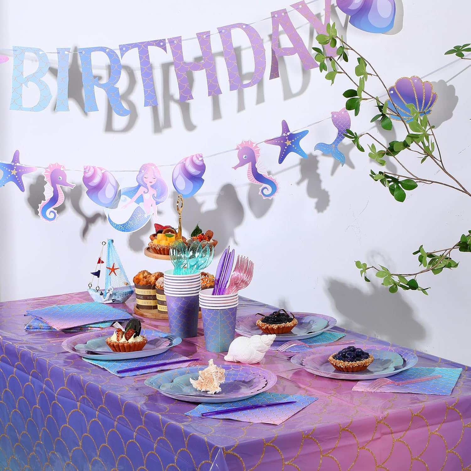 Roshtia 172 piezas de suministros para fiesta de cumpleaños de sirena (reserva 24), juego de vajilla desechable de sirena para niña, cumpleaños,