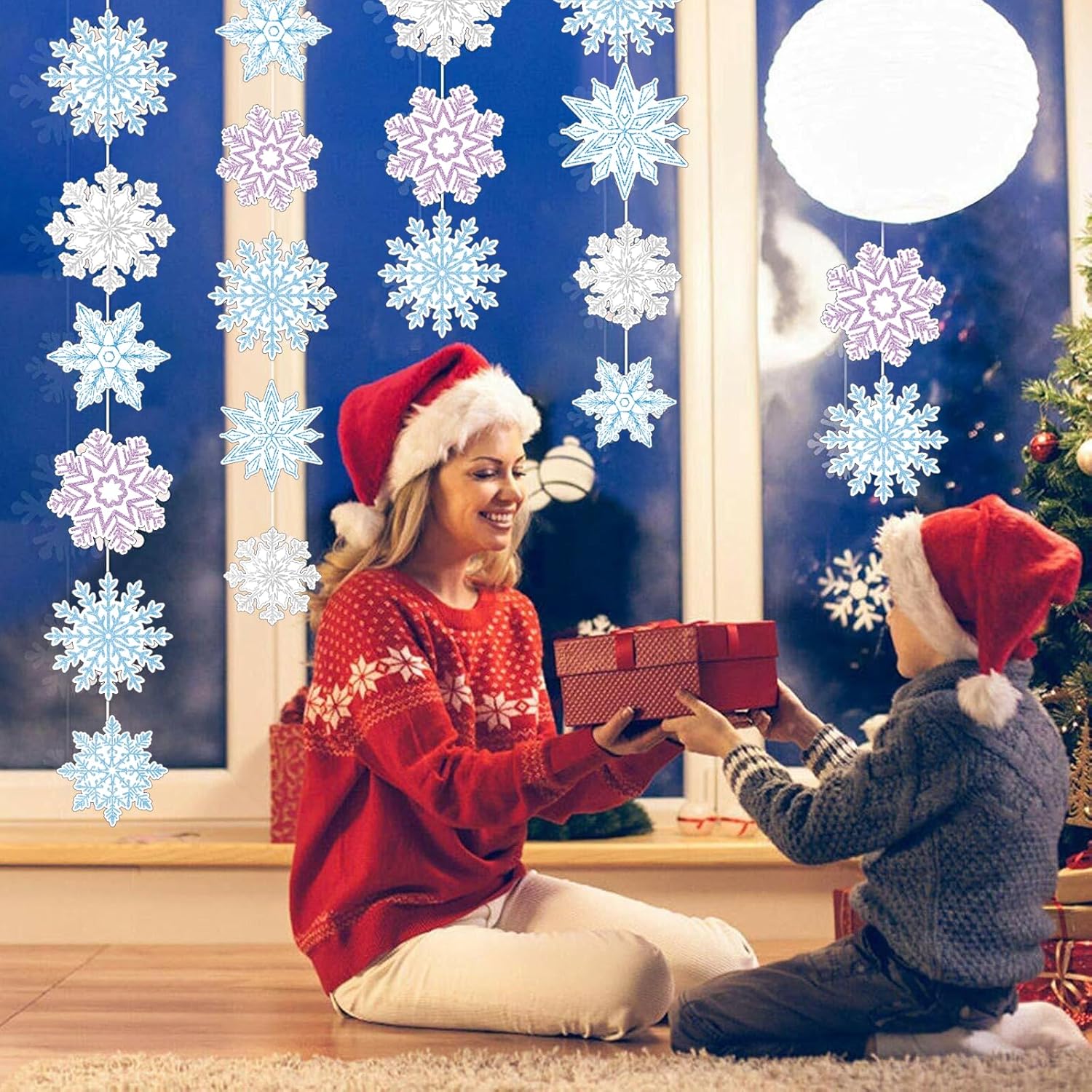 Decoraciones de copo de nieve de invierno para colgar en invierno, decoración de fiesta de cumpleaños, guirnalda de copos de nieve púrpura azul para