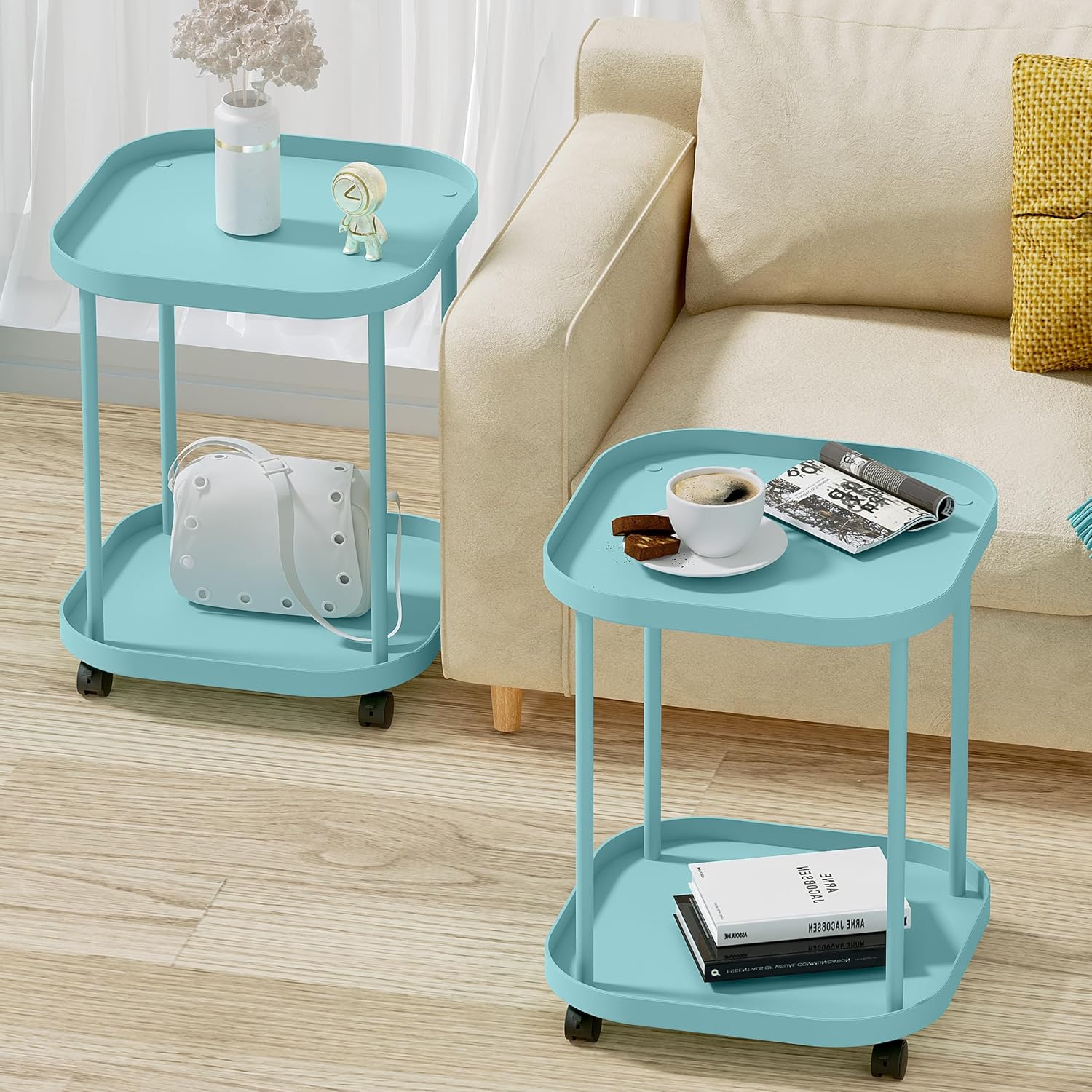 villertech Mesa auxiliar con ruedas, mesa auxiliar para sala de estar, sofá móvil de plástico, mesita de noche pequeña, dormitorio, azul (paquete de