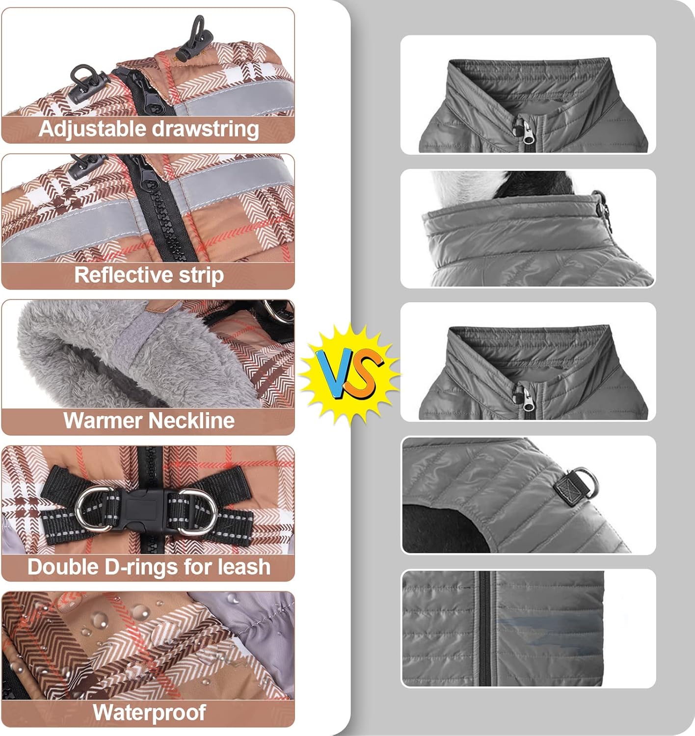 BEAUTYZOO Abrigo de invierno a cuadros para perro, chaqueta reflectante mejorada para perro, forro polar acolchado con arnés integrado, ropa