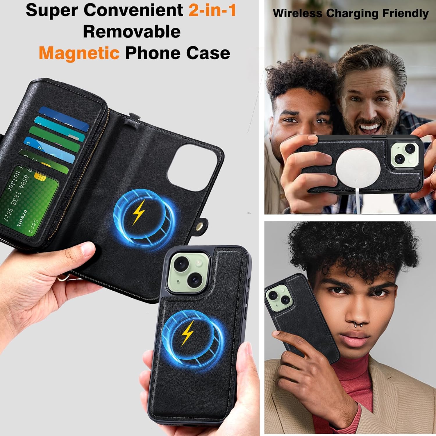 Funda de cuero para Apple iPhone 15 Plus con soporte para tarjetas, accesorios de teléfono para mujeres, hombres y mujeres, paquete de 2 protectores