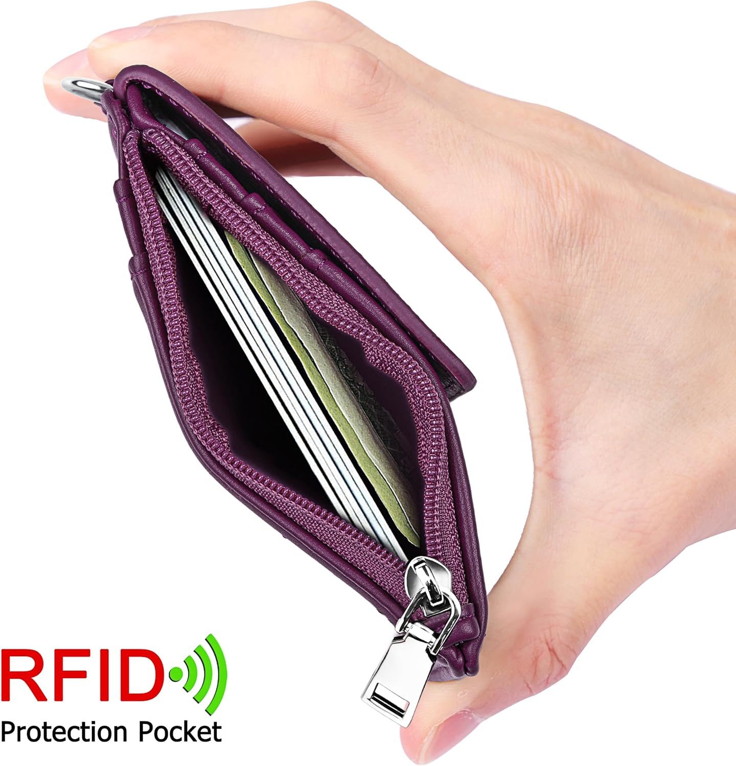 Soporte para tarjeta de identificación ELV con cremallera, de piel sintética, con 5 ranuras para tarjetas, 1 bolsillo lateral con bloqueo RFID y