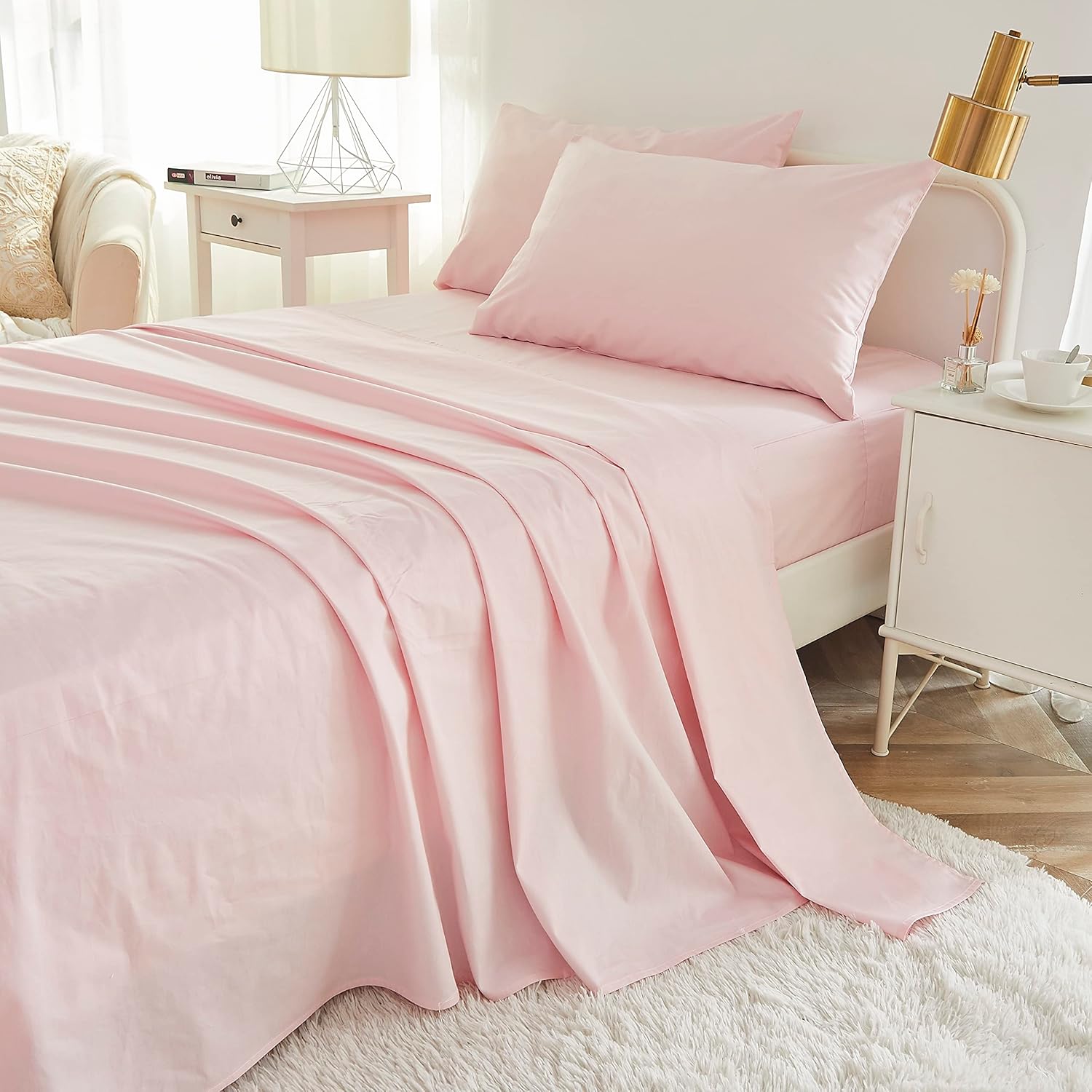 Brandream Juego de sábanas para niñas, tamaño individual, ropa de cama para niños, color rosa, 100% algodón orgánico, 3 piezas, color liso, suave y