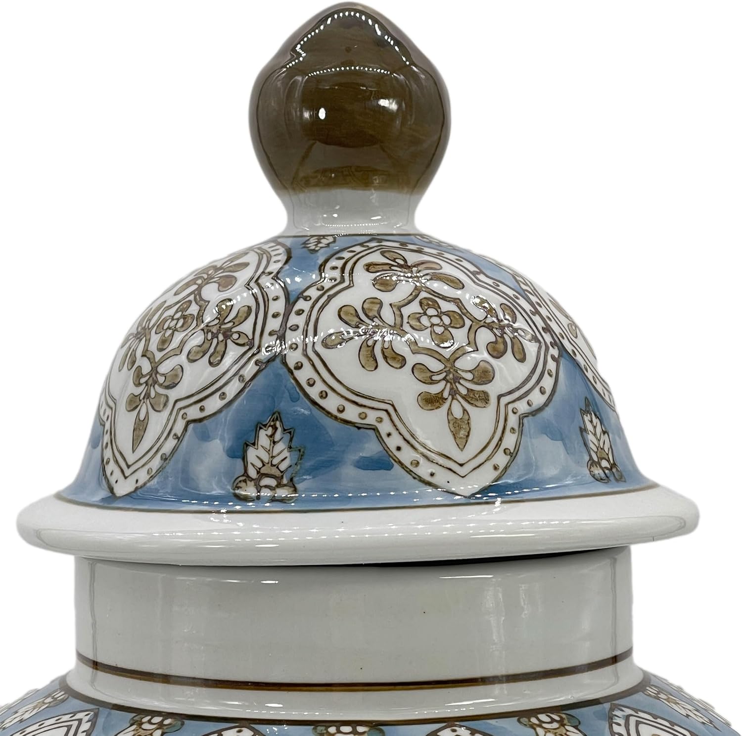 Galt International Tarro de jengibre de cerámica de mosaico pintado a mano azul claro y marrón de 18 pulgadas con tapa, porcelana chinoiserie