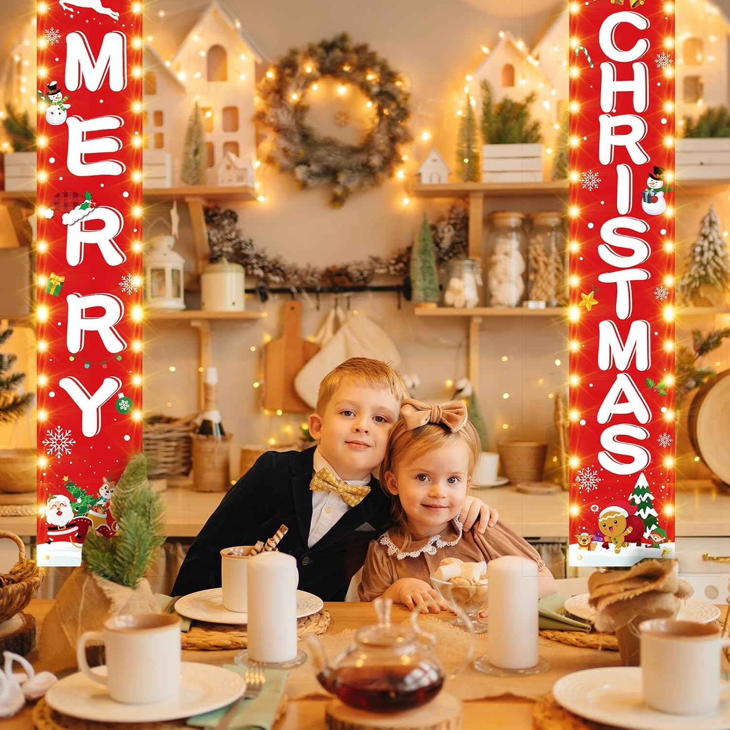 2 pares de carteles de Navidad y Acción de Gracias para porche con cadena de luces LED, Acción de Gracias, Navidad, colgantes, decoración de puerta