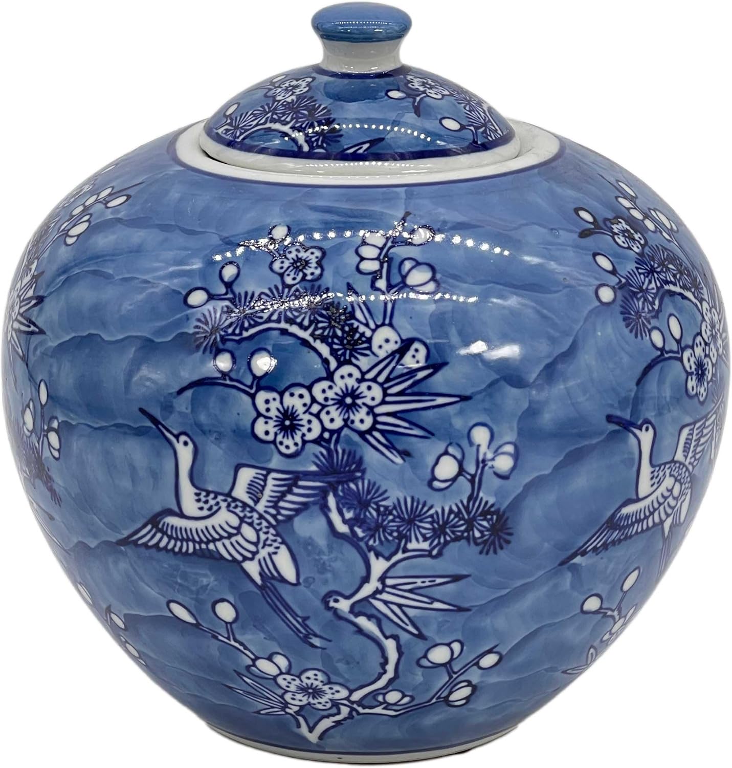 Galt International Tarro chinoiserie de grúa floral azul y blanco de 8 pulgadas con tapa decorativa de jengibre para centro de mesa, almacenamiento