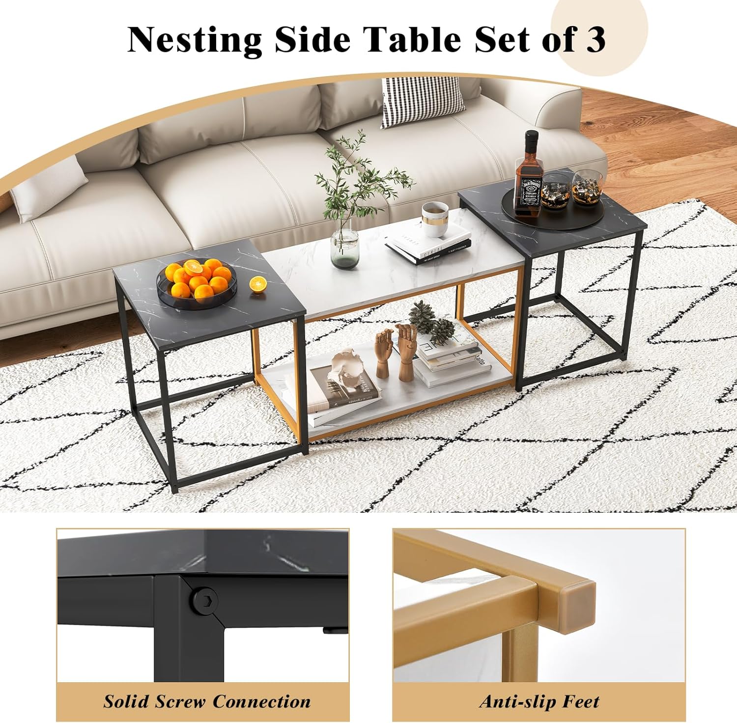 Giantex Moderna mesa auxiliar anidable, juego de 3 mesas auxiliares de mármol sintético con marco de metal resistente, 1 mesa rectangular y 2 mesas