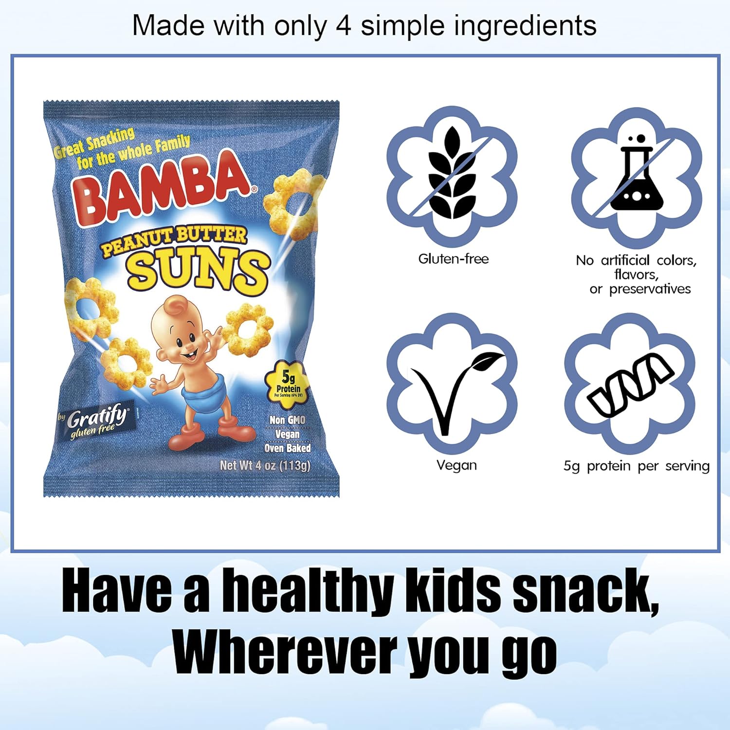 Osem Bamba Peanut Butter Suns Snacks para toda la familia  Bocadillos naturales de mantequilla de maní de maíz (paquete de 4  bolsas de 4 onzas)