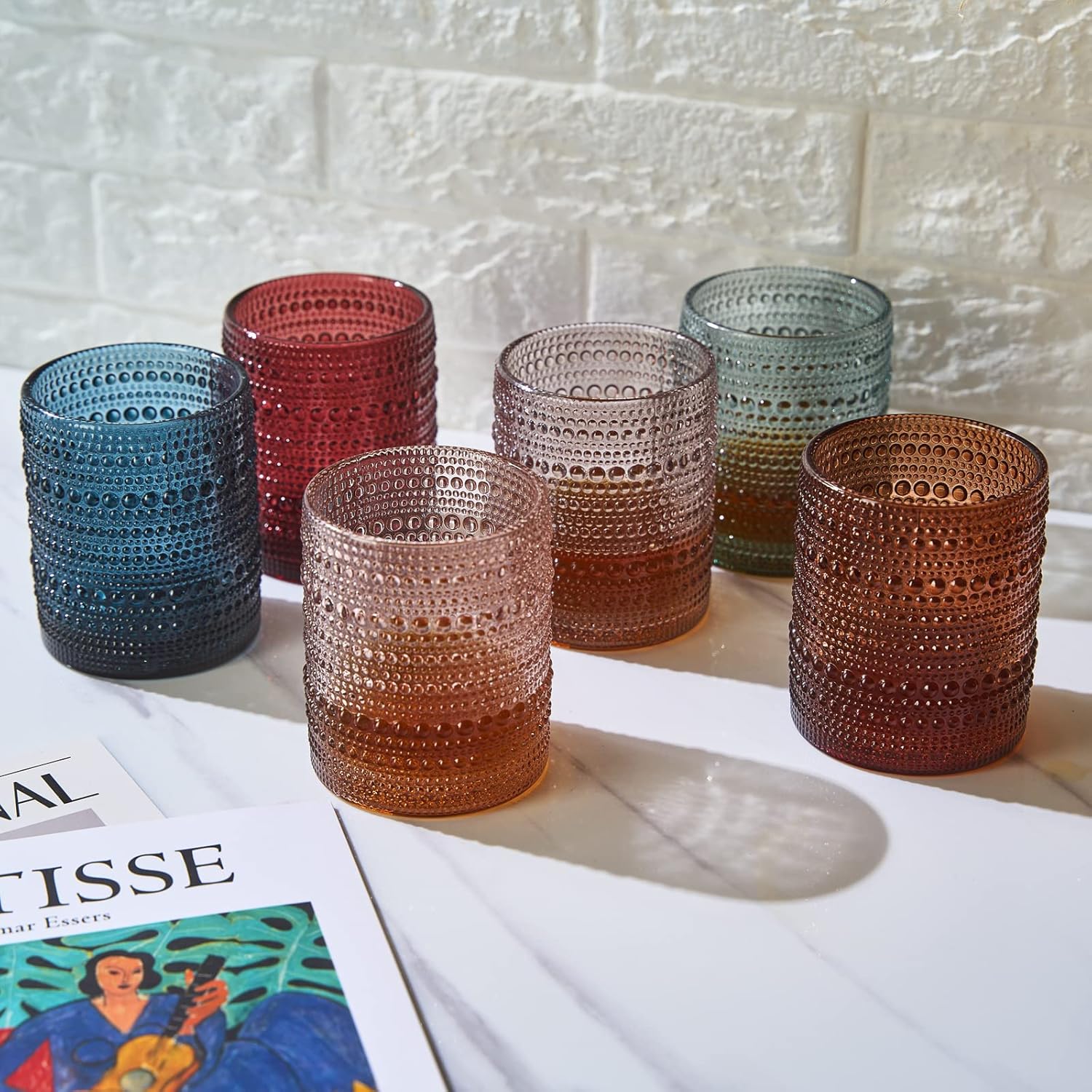 Khen Juego de 6 vasos con cuentas, diseño vintage de hobnail de 11 onzas, diseño de burbujas apagadas para whisky, anticuado, diseño en relieve,
