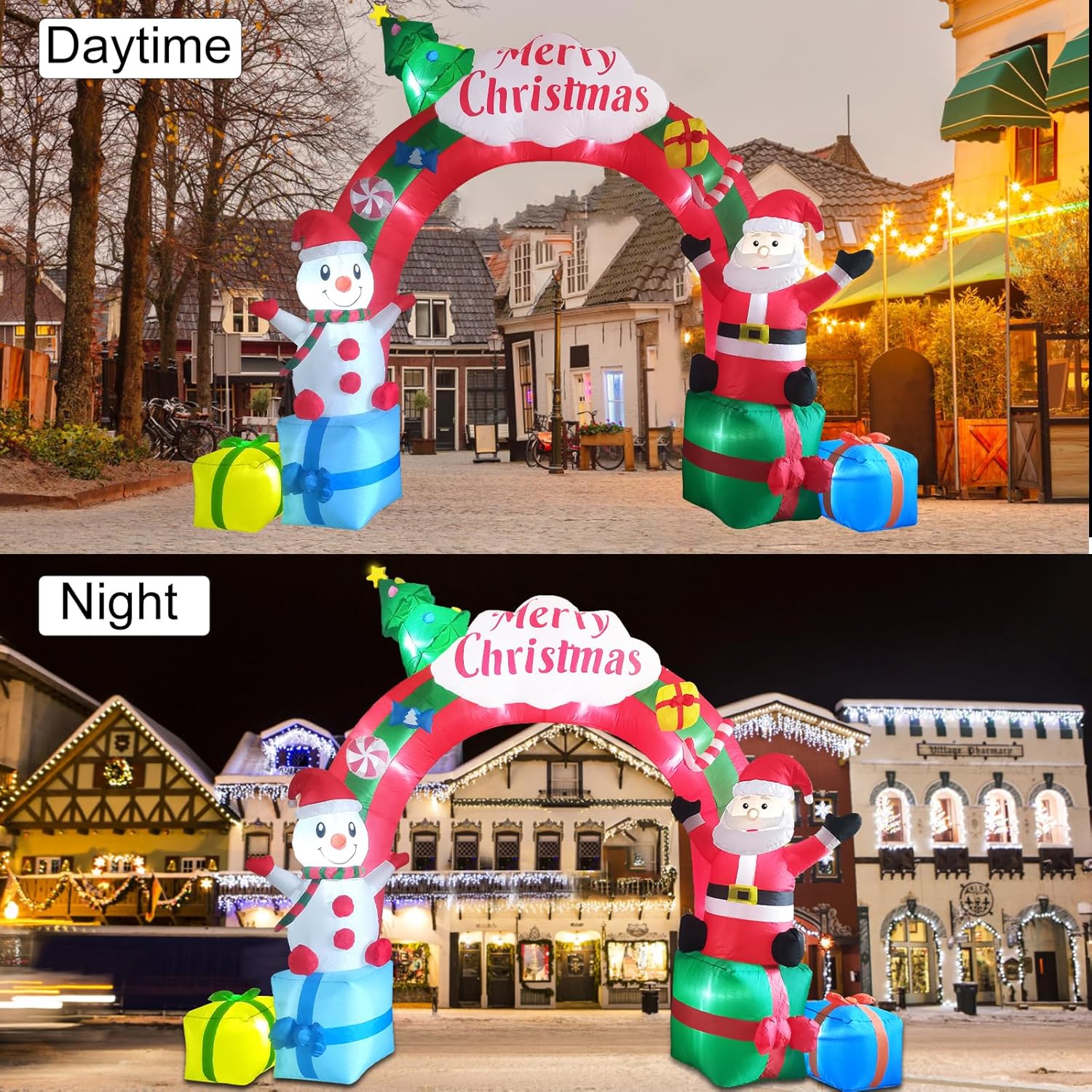 Arco inflable de Navidad de 12.5 pies, Papá Noel inflable y muñeco de nieve sentado en cajas de regalo, arco de Navidad inflable para decoración de