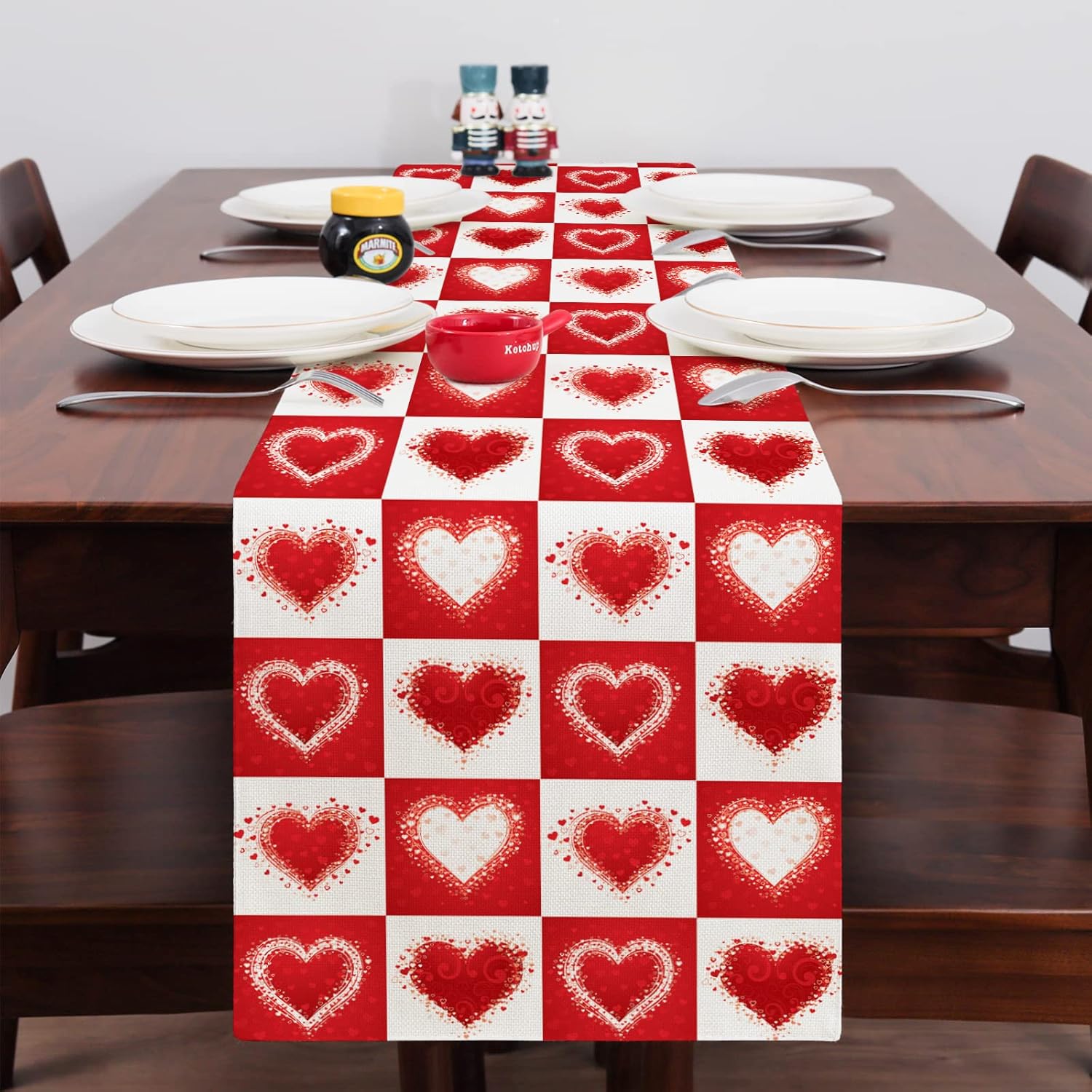 Camino de mesa para el día de San Valentín de 108 pulgadas de largo con corazón a cuadros para decoración de mesa de comedor para vacaciones, boda,