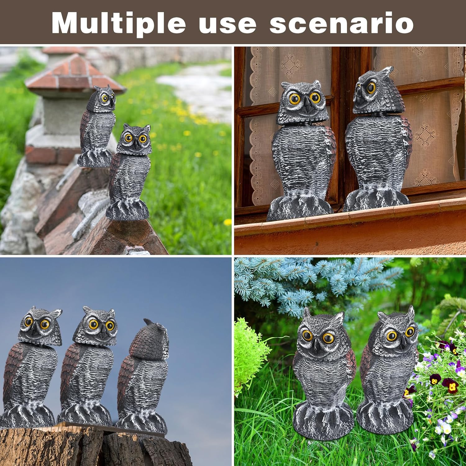 Paquete de 3 señuelos falsos de búho para asustar a los pájaros, cabeza giratoria de plástico, búho disuasorio, estatuas de espantapájaros para
