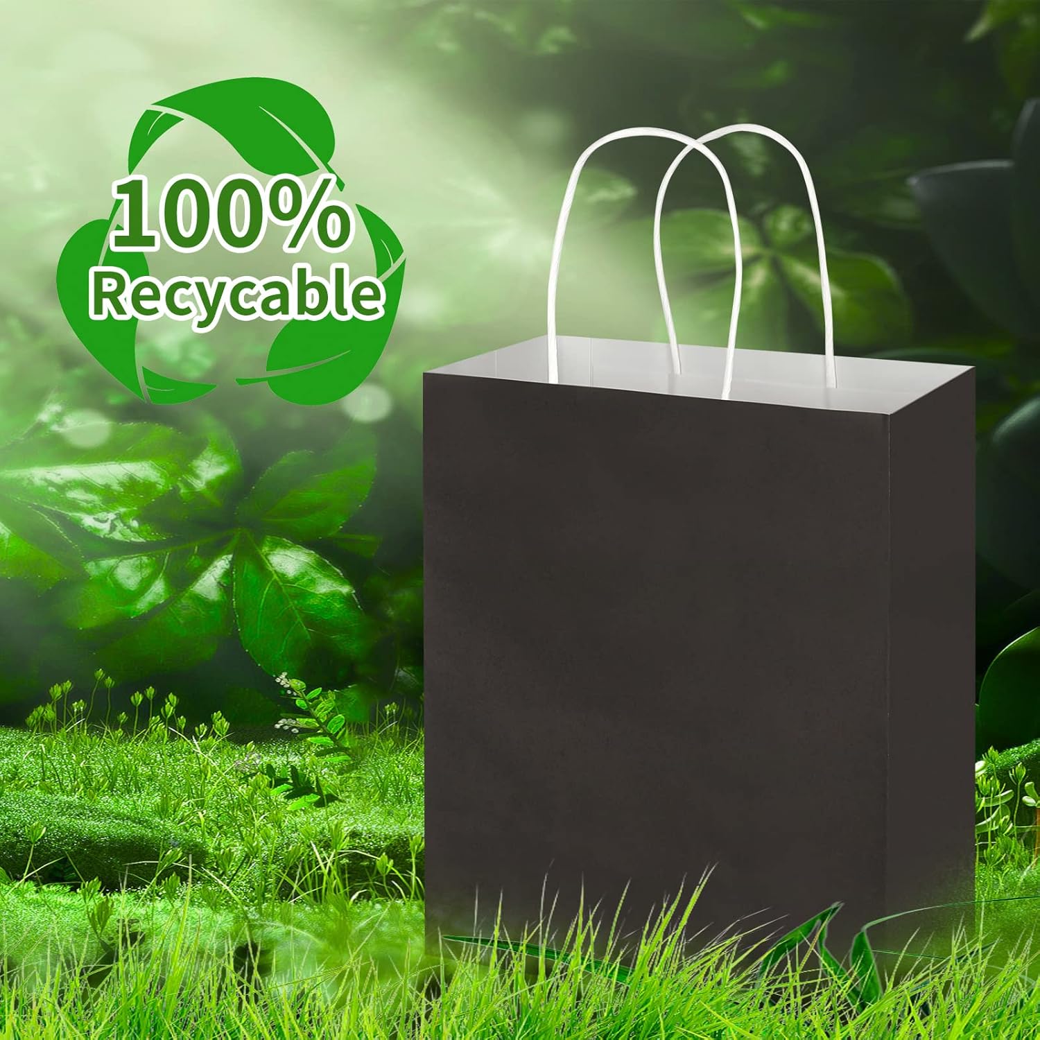 Paquete de 100 bolsas de papel kraft negras medianas de 8 x 4.75 x 10 pulgadas con asas a granel, bolsas de papel de estraza de Toovip para regalo,