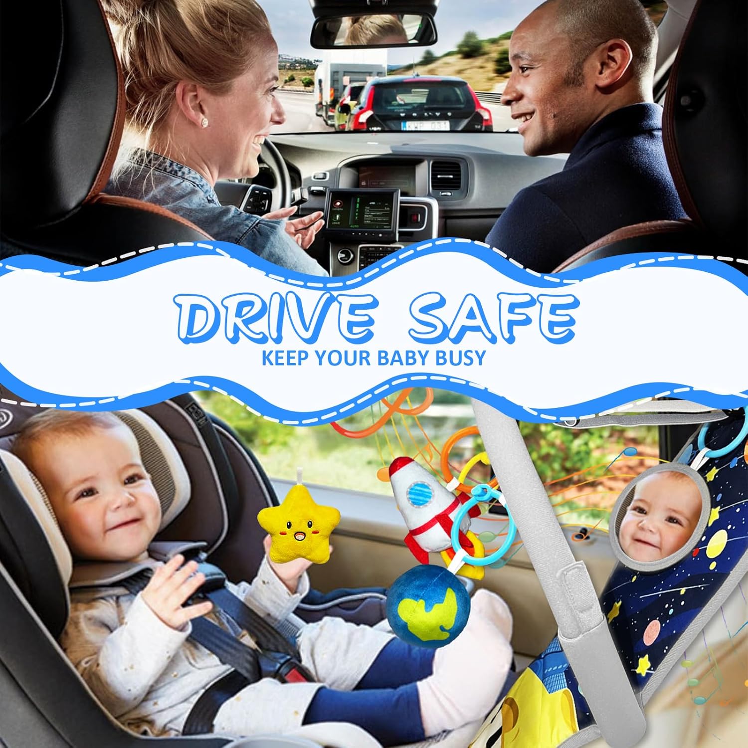 Juguetes de asiento de automóvil para bebés de 6 meses en adelante, juguetes de asiento de automóvil con piano de pedal musical, espejo de bebé y