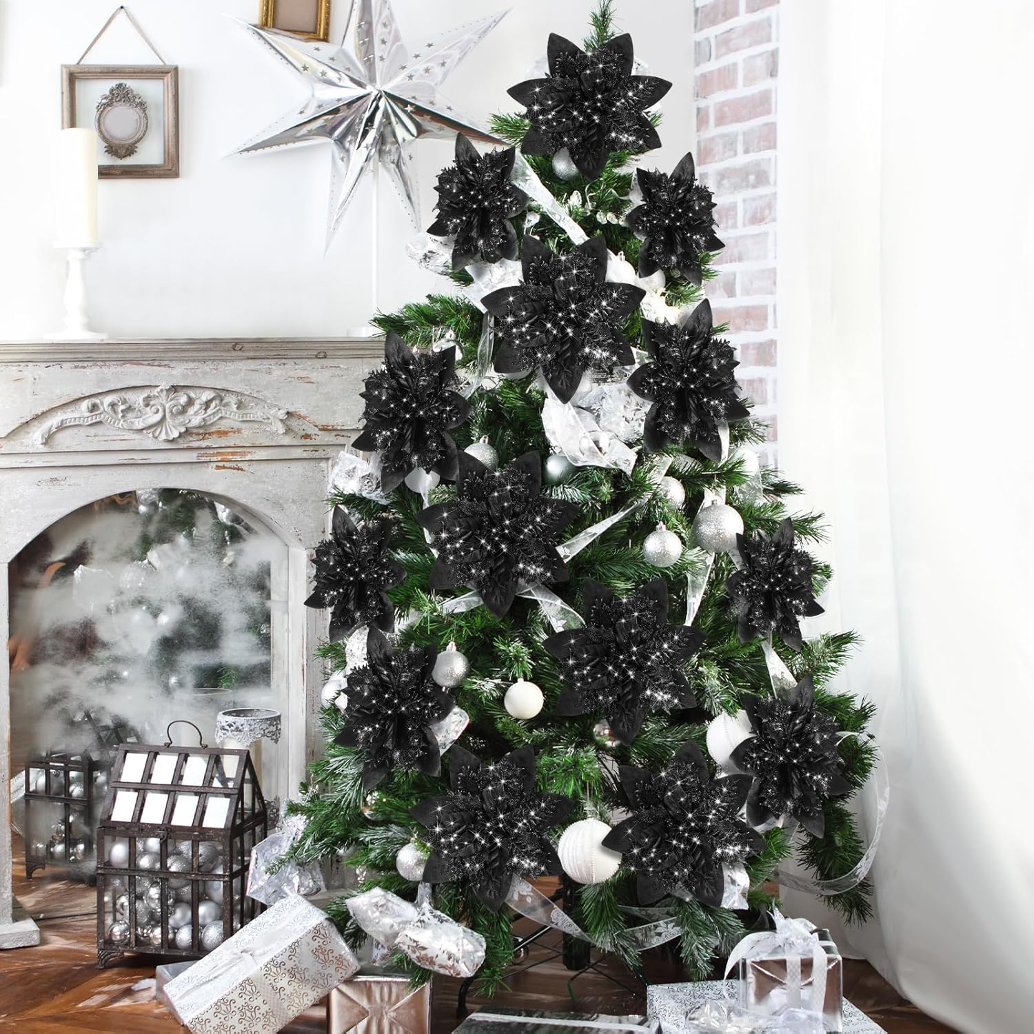 Adornos de flores de Pascua artificiales de Navidad con purpurina y clips y tallos, adornos para árbol de Navidad de Pascua con purpurina para