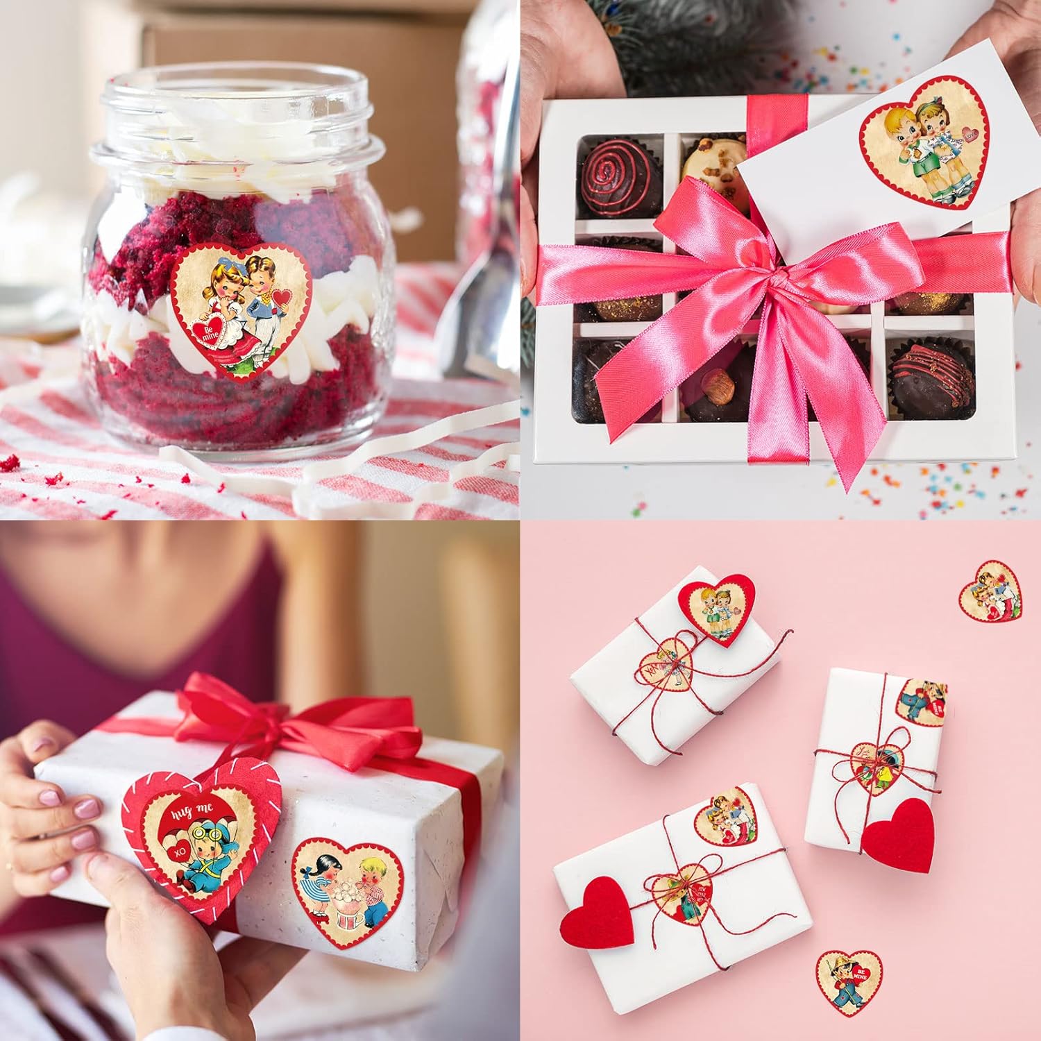 Whaline 1000 calcomanías para el día de San Valentín, estilo vintage, con forma de corazón, autoadhesivas, rollo de estilo retro, calcomanías de