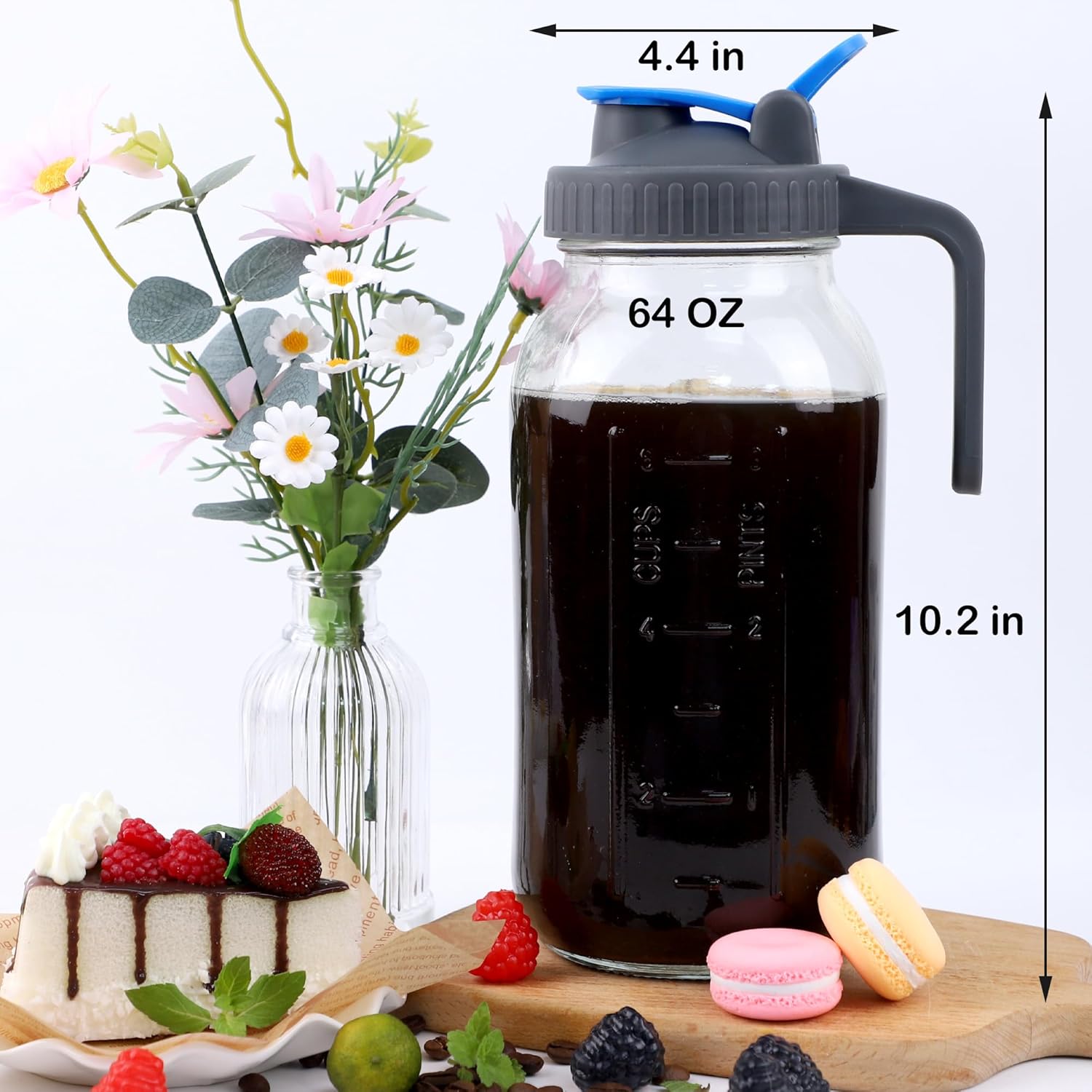 Jarra de vidrio con tapa abatible para café frío, té helado, leche, jugo, limonada