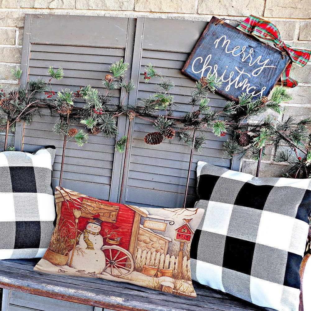 Funda de almohada retro vintage de invierno de 12 x 20 pulgadas, fundas de almohada lumbar, muñeco de nieve, cardenal, pájaro, Navidad, rústico,