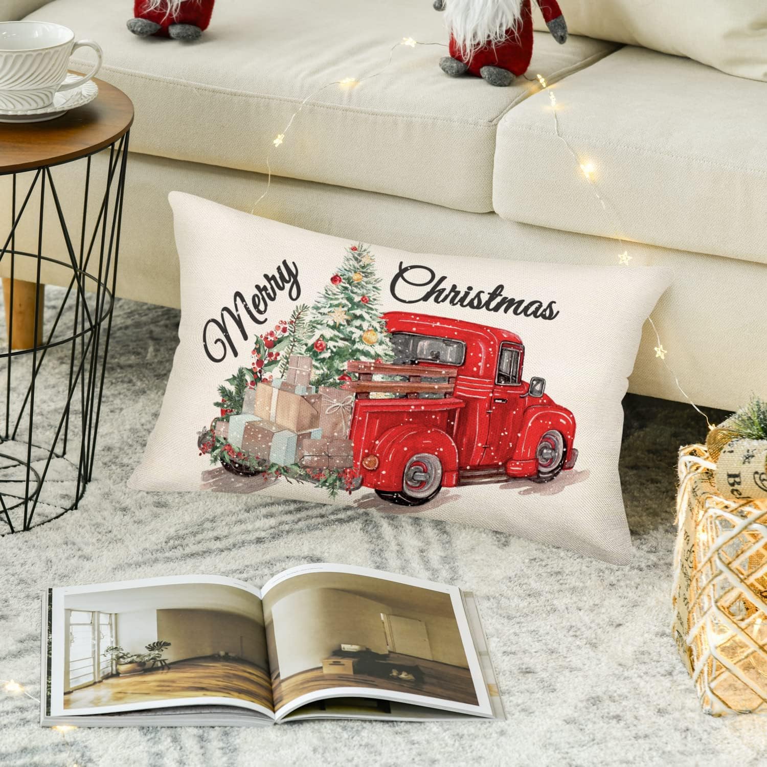 Funda de cojín decorativa de algodón y lino con diseño de camión rojo con árbol de Navidad, regalo de Feliz Navidad, 12 x 20 pulgadas, diseño de