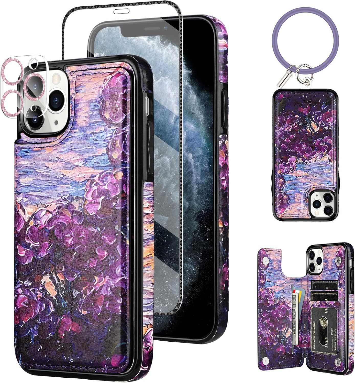 HianDier Funda compatible con iPhone 11 Pro con tarjetero para mujeres y hombres, con pulsera, protector de pantalla y funda para cámara para iPhone