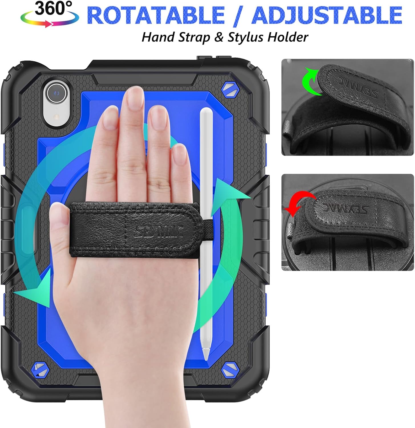 SEYMAC stock Funda para iPad Mini 6 de 8.3 pulgadas 2021 con protector de pantalla para lápiz correa de mano giratoria 360 y soporte, funda a prueba
