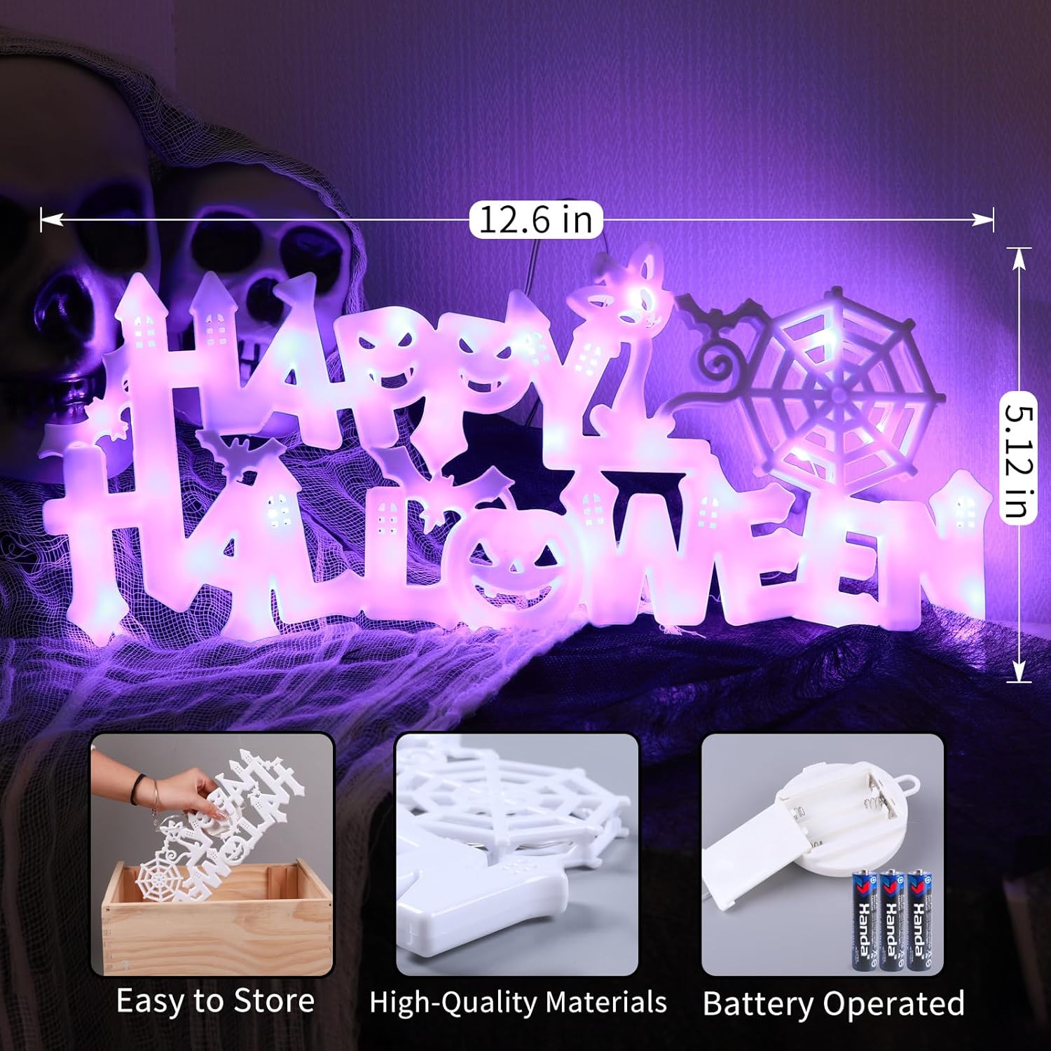 Letrero de luces de Halloween, luces LED de Halloween alimentadas con pilas para colgar decoración de Halloween en interiores y exteriores (morado)