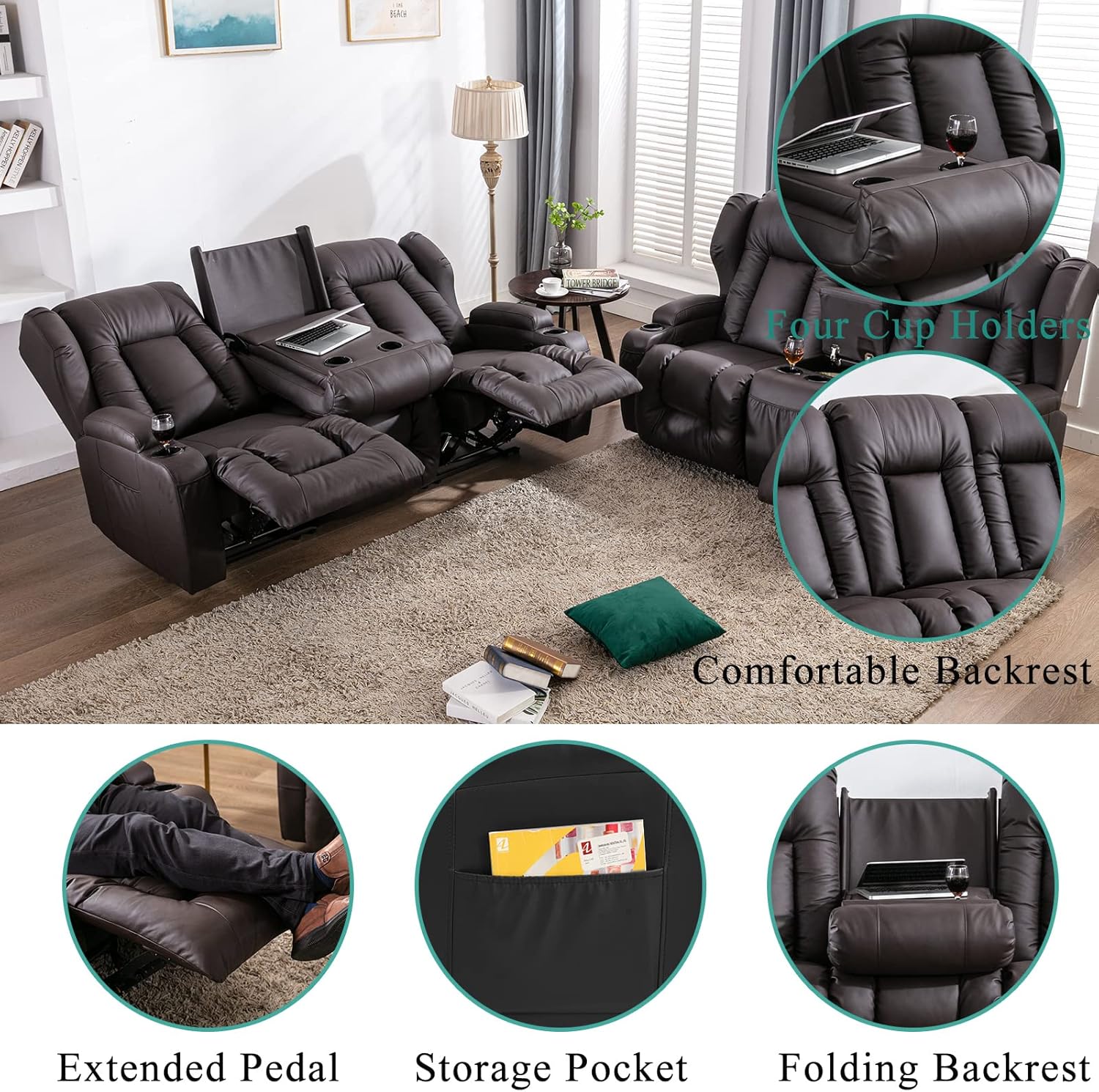 SAMERY Sofá reclinable de 76.7 pulgadas, sofá biplaza reclinable doble con consola, asiento reclinable manual de cine en casa, juego de sofá de 23