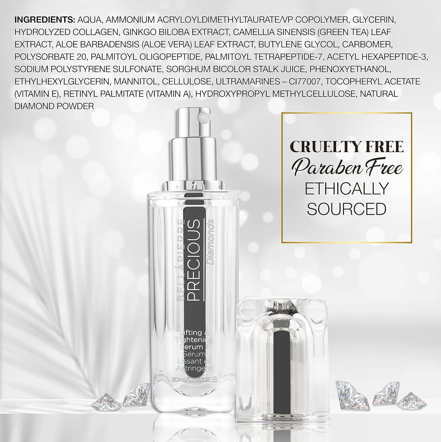 bellapierre PRECIOUS Diamonds – Suero para levantar y apretar  Despertar, revitalizar y tensar la piel cansada y flácida  Enriquecido con vitaminas